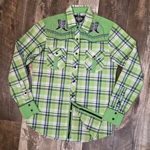 EL General 1901 Mens Western Pearl Snap Shirt Green Plaid Boots SZ Small Cowboy